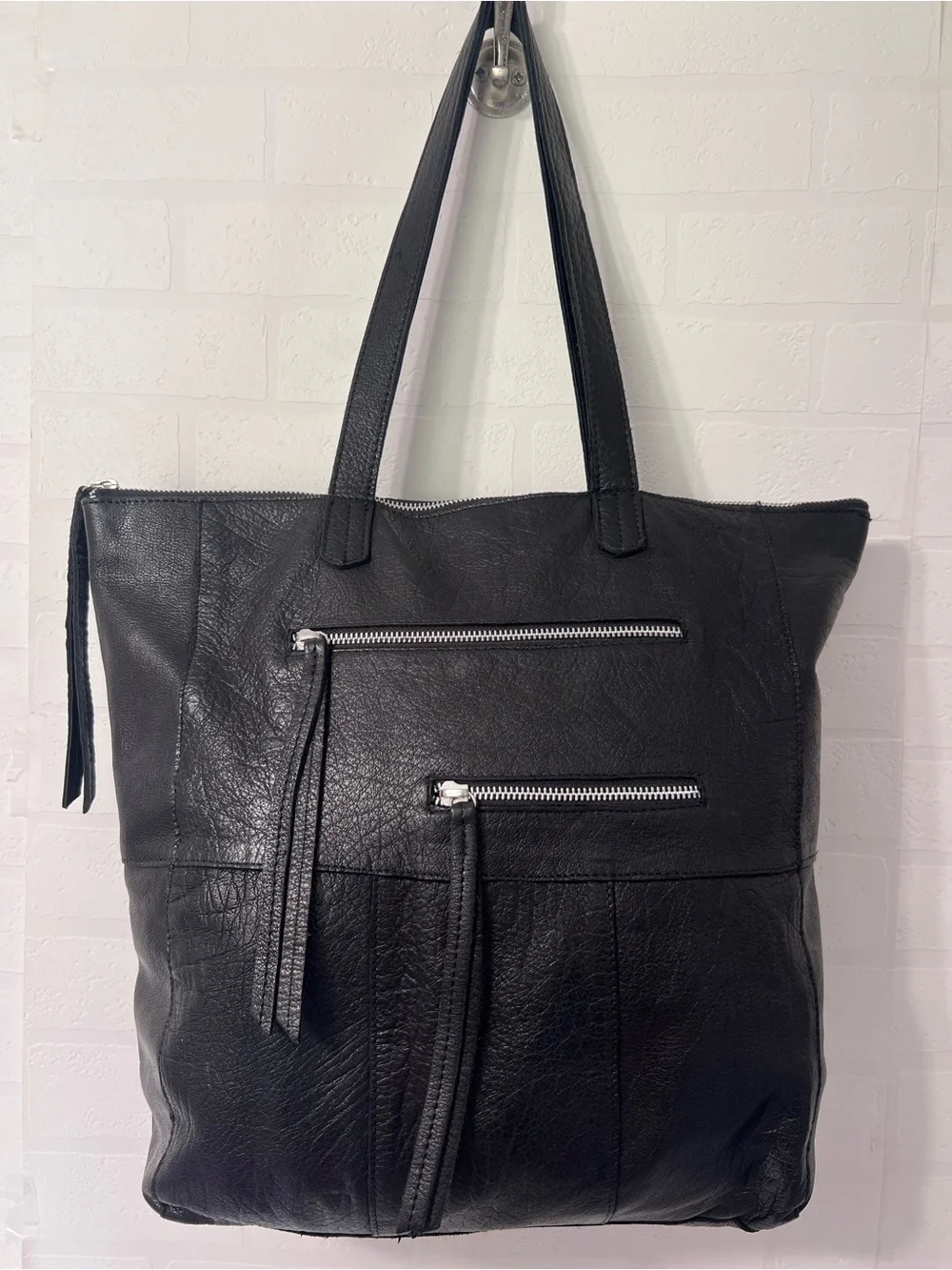 Day & Mood Anthropologie Heather Black Leather Moto Tote Bag Front Zip Pockets